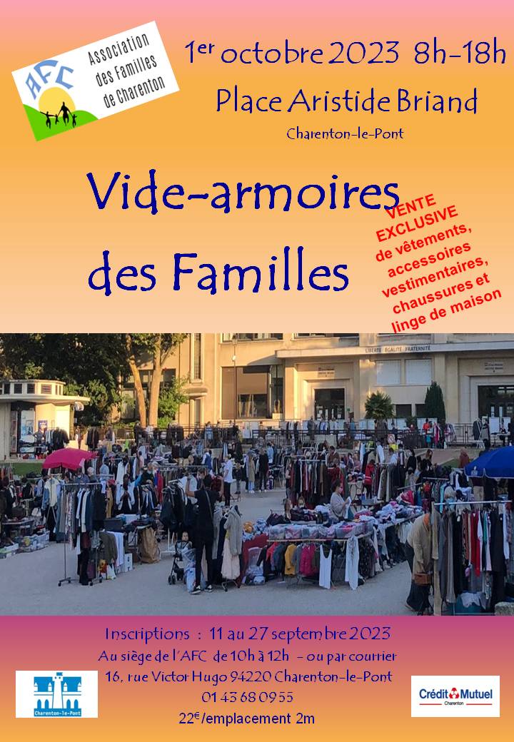 Vente exclusive de vêtements et linge de maison, le 3ème Vide armoires des Familles se tiendra dimanche 1er octobre prochain, place Aristide Briand